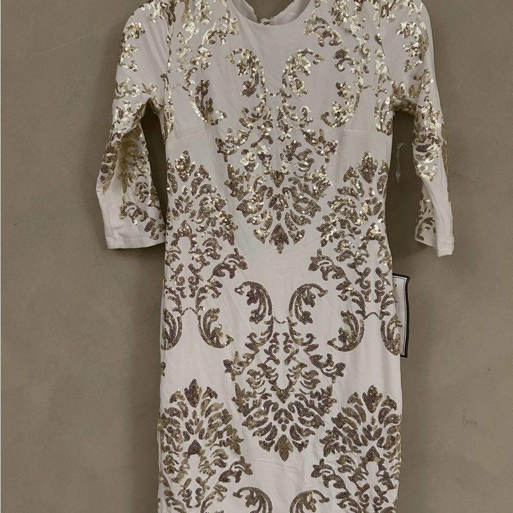 B Darlin White Dress with Gold Sequin Motif